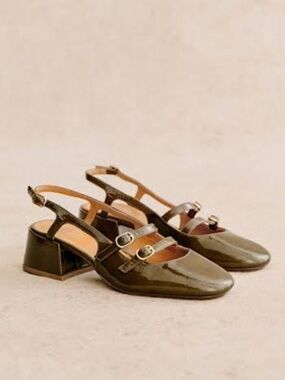 Sezane Paula Babies 39 Khaki Green/Brown Patent Leather Mary Jane Courts